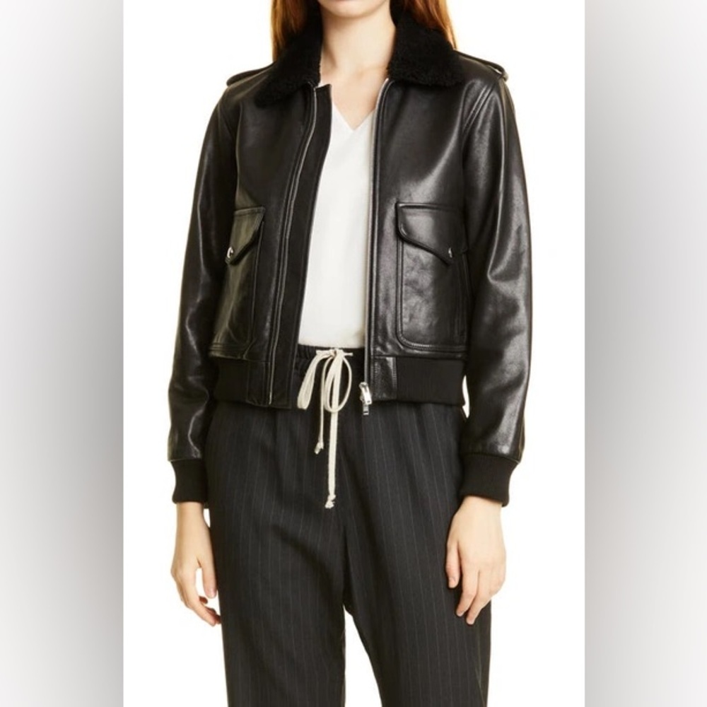 Nili Lotan Kenzie Genuine Shearling Collar Leather Aviator Jacket - Picture 3 of 7